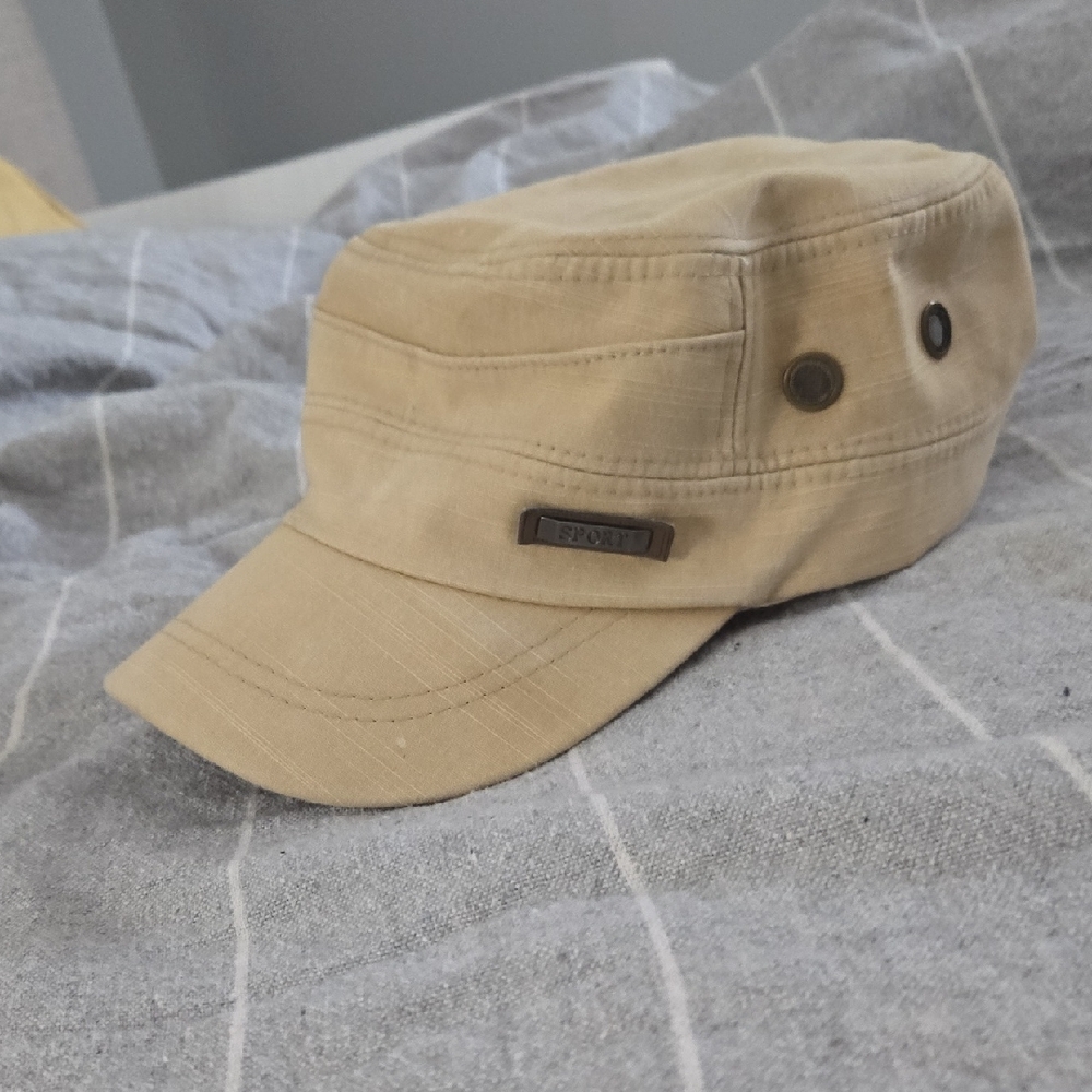 Beige Military Cadet Cap with Branded Metal Accent